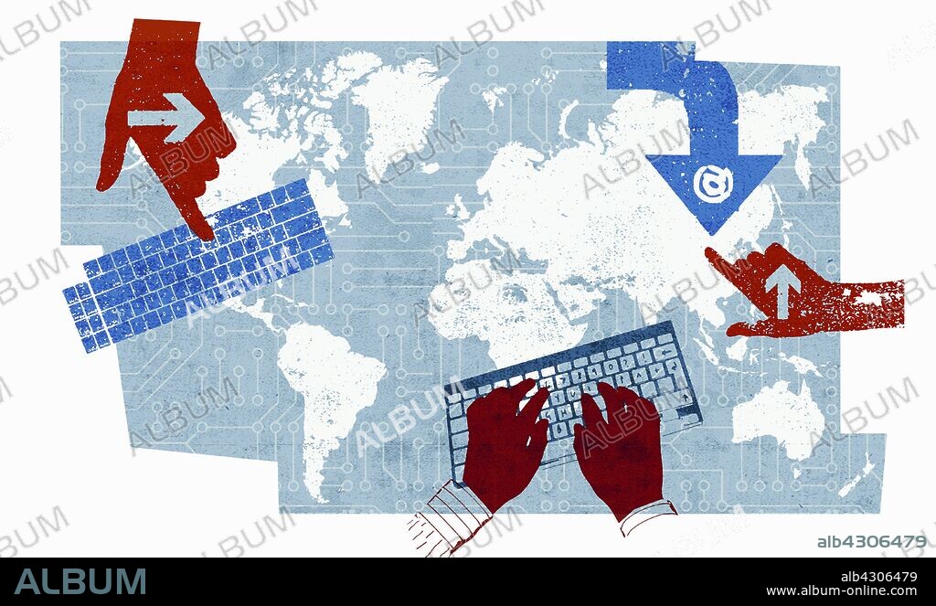 Computer keyboards connected on circuit board world map.