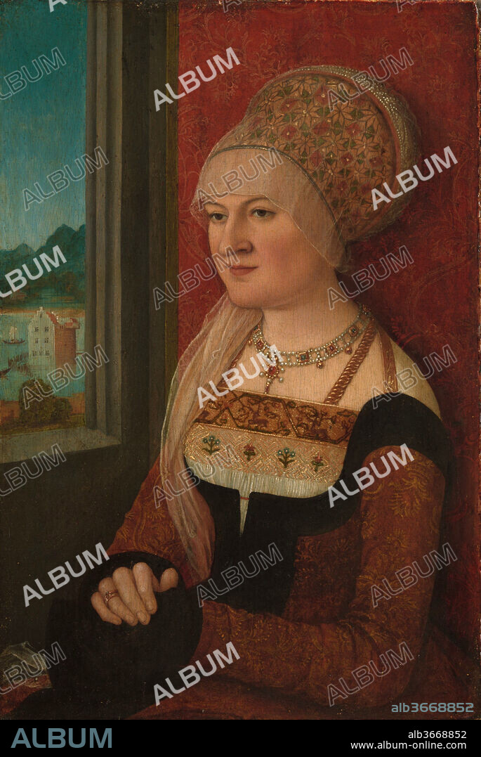 Portrait of a Woman. Artist: Bernhard Strigel (German, Memmingen 1460-1528 Memmingen). Dimensions: 15 1/8 x 10 1/2 in. (38.4 x 26.7 cm). Date: ca. 1510-15.
Bernhard Strigel belonged to a family of artists that flourished after the middle of the fifteenth century in the town of Memmingen, near the Swiss border. In the first two decades of the sixteenth century he produced a number of portraits of ladies in extravagant dress positioned before a decorative brocade hanging with an open window view out to a landscape. The young woman in this (probably independent) portrait has not been identified, but her elaborate costume, with its imported fabrics and embroideries and ostentatious jewelry, places her among the elite echelons of society.