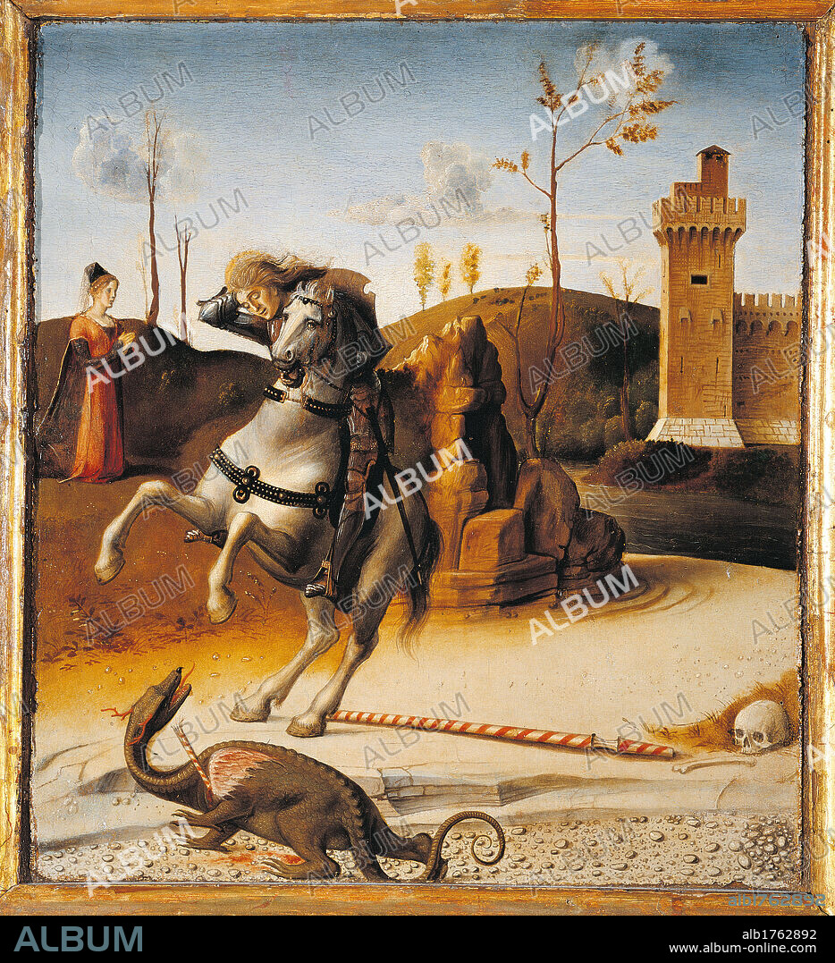 Crowning of the Virgin. Pesaro Altarpiece, by Giovanni Bellini, 1471-1474 about, 15th Century, oil on panel, cm 262 x 240. Italy, Marche, Pesaro Urbino, Pesaro, Civic Museum. Detail St George and the dragon, first compartment from the left of the predella, skull young girl woman lance castle horse.