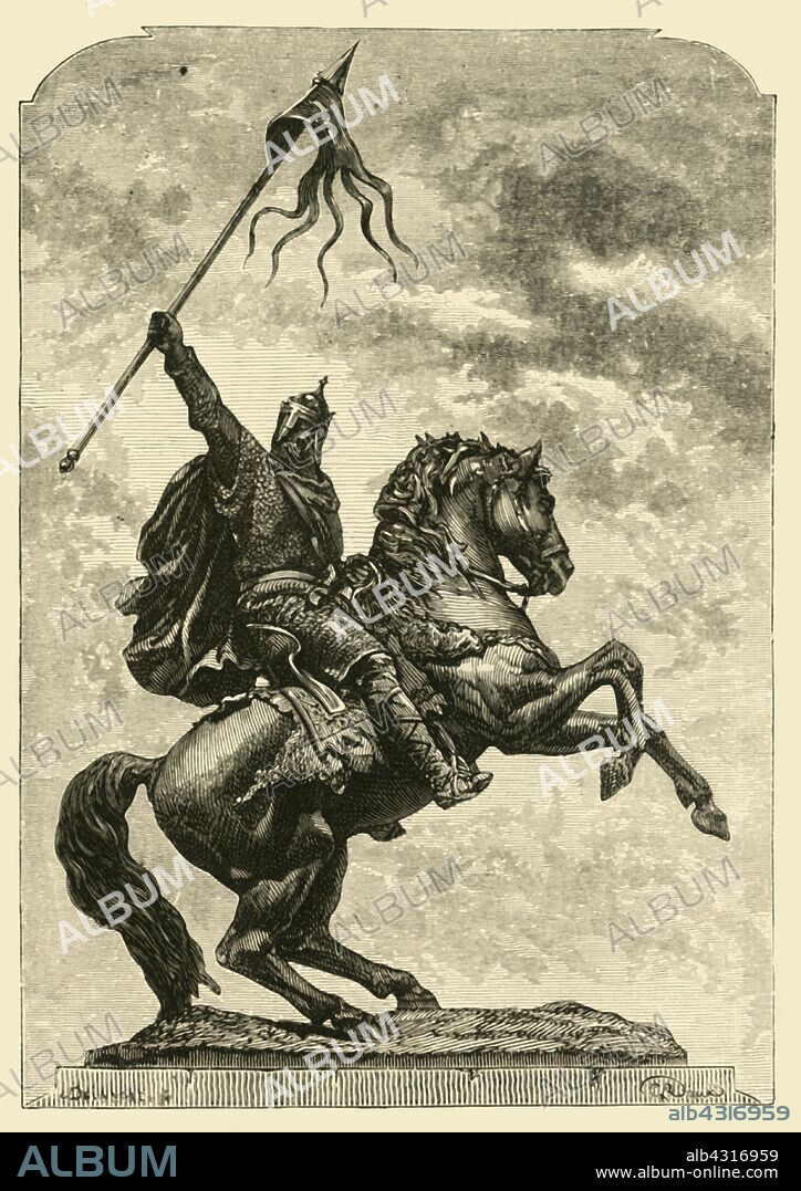'Statue of William the Conqueror, Falaise', 1890. Bronze statue of William the Conqueror (c1028-1087) first Norman King of England by French sculptor Louis Rochet in his birthplace, Falaise.  From "Cassell's Illustrated Universal History, Vol. III - The Middle Ages", by Edmund Ollier. [Cassell and Company, Limited, London, Paris and Melbourne, 1890. ].