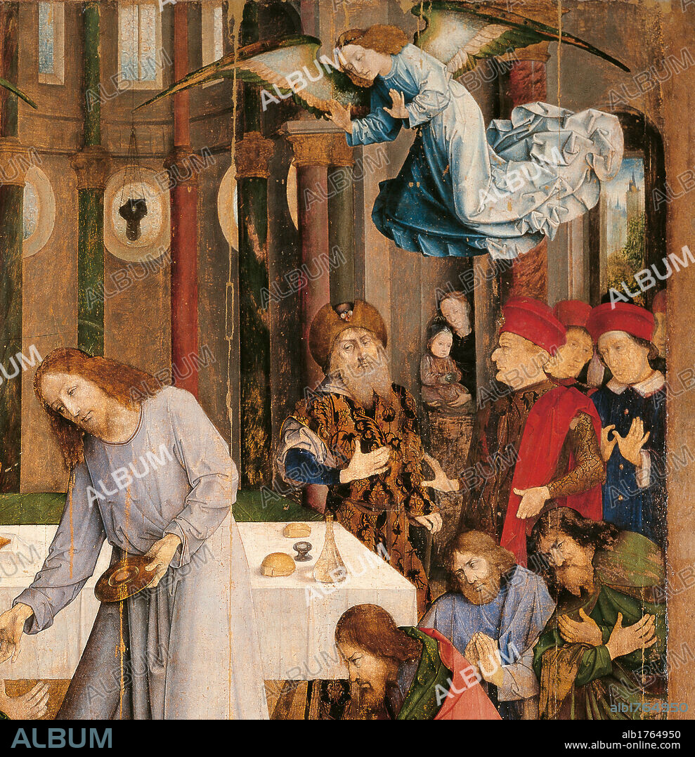 Communion of the Apostles, by Joost Van Wassenhove known as Giusto di Gand, 1473-1474 about, 15th Century, panel, cm 288 x 321. Italy, Marche, Pesaro Urbino, Urbino, Marche National Gallery. The altar-piece - for the church of the Corpus Domini in Urbino - had been commissioned to Piero della Francesca who did not accept the assignment that passed to Giusto di Gand. Detail. Jesus apostles court dignitaries Federico da Montefeltro duke son baby child Guidobaldo wet nurse foreigner ambassador Persian doctor Jew red blue red black white. Authorization required for non editorial use.