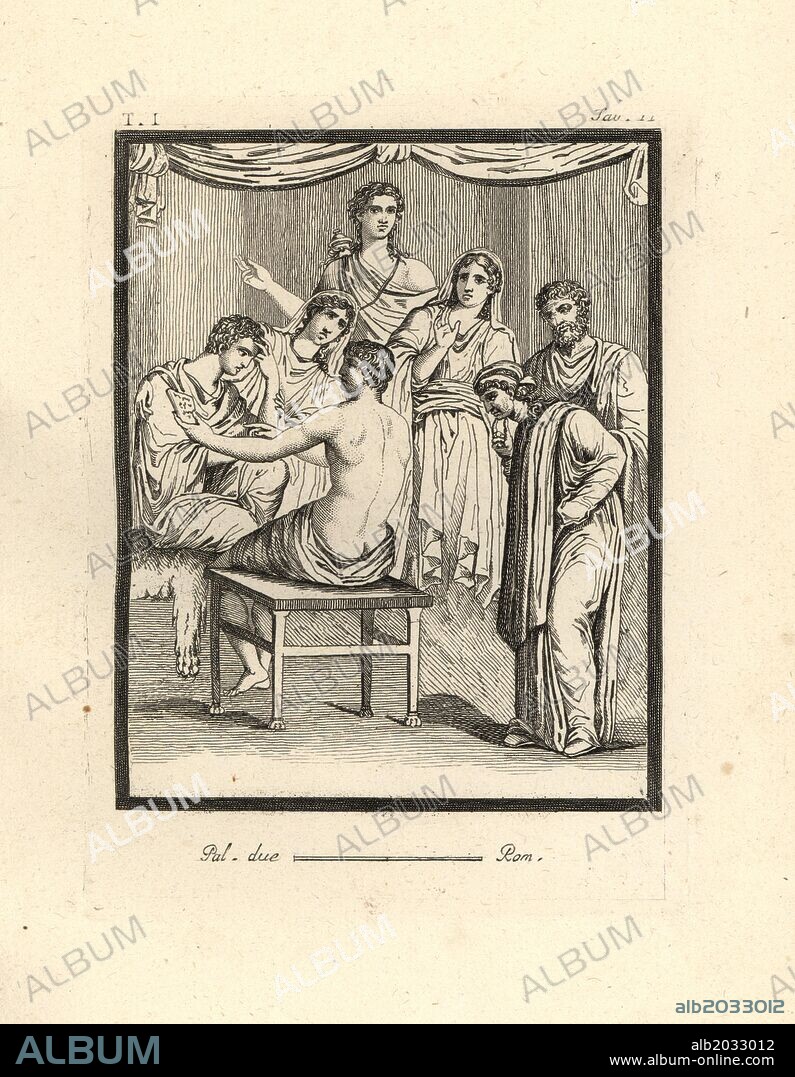 Perhaps this is the moment Iphigenia recognizes Orestes in Euripides' "Iphigenia in Aulis"? The painting shows a pensive Orestes, his sister Iphigenia, his friend Pylades, King Thoas and a chorus of young and old women. Behind them is a statue of Diana with her quiver. Excavated in Resina in 1749. Copperplate engraved by Tommaso Piroli from his own "Antichita di Ercolano" (Antiquities of Herculaneum), Rome, 1789. Italian artist and engraver Piroli (1752-1824) published six volumes between 1789 and 1807 documenting the murals and bronzes found in Heraculaneum and Pompeii.
