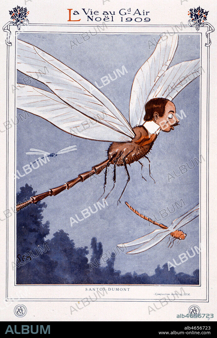 Caricature de SANTOS-DUMONT (1873-1932) en libellule par SEM (1863-1934) in. La vie au grand air en 1909. Credit : Collection KHARBINE-TAPABOR.