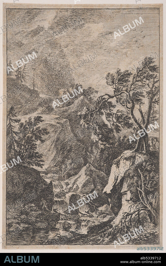 JOACHIM FRANZ BEICH. Plate 6: two male figures standing on a rock at right, a waterfall at center with another male figure on its left bank, from 'Landscapes in the manner of Salvator Rosa' (Die Landschaften in Sal. Rosa's), ca. 1700-25.