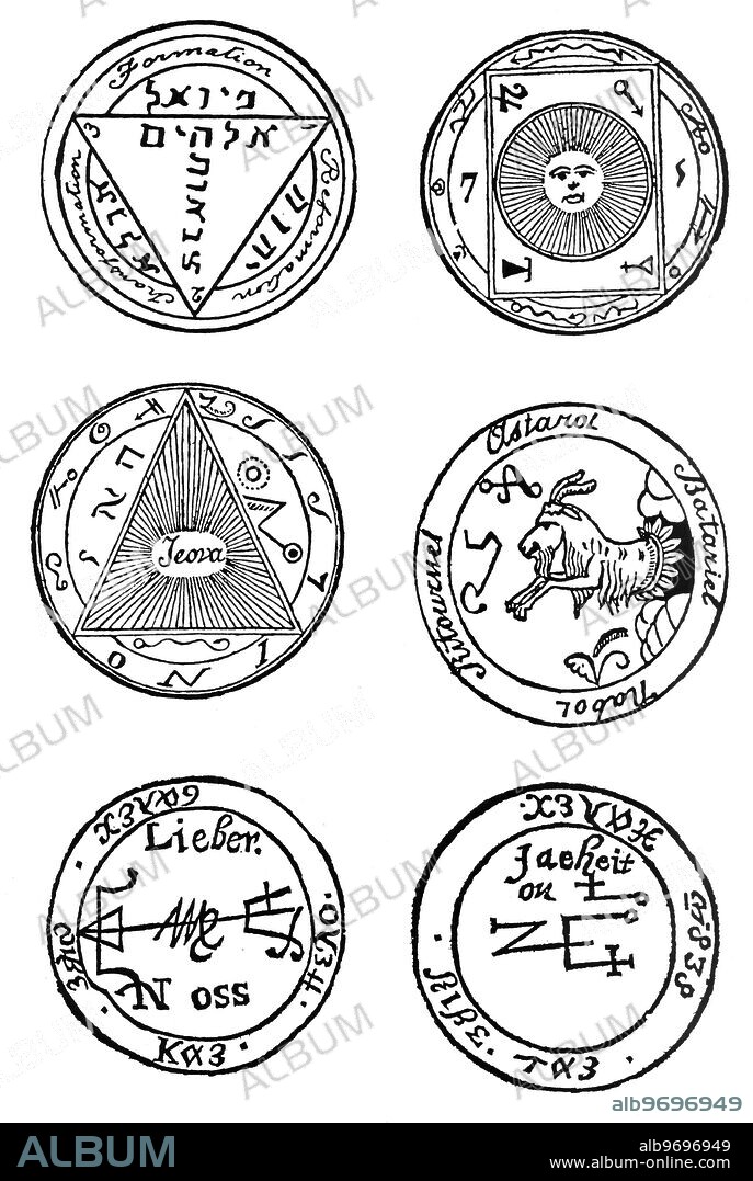 GRIMOIRES - TALISMANS. Talismans are magical figures designed to achieve certain effects by spiritual means - usually by evoking the power of a particular angel or demon. Like the majority of talismans, the six recorded here are ultimately derived from the grimoire tradition. From top, reading left to right. Talisman from the Enchiridion of Pope Leo III. A talisman from the grimoire, The Sage of the Pyramids, recorded by A.E. Waite in The Book of Ceremonial Magic, is designed to grant invisibility to the possessor - supposedly, it also confers the ability to pass through solid walls: it should be painted on black silk. A talisman from The Sage of the Pyramids, designed to afford access to any places, and to read the thoughts of others. It should be painted on light grey satin, and (perhaps more than any other talisman) requires the contemporaneous use of a magic ring to be effective. For details, see A.E. Waite, The Book of Ceremonial Magic. A talisman, from the same source, designed to aid in the discovery of hidden secrets, and to permit access to places in an invisible manner. The image of Capricornus, the stellar Goat, links with this association, as the zodiacal sign governs places hidden within the earth. The talisman should be painted on violet satin. The obverse of the talisman of zodiacal Virgo, designed against illnesses associated with this sign (affecting the womb, and the female private parts). From Paracelsus, The Archidoxes of Magic, 1656. The reverse of the talisman of zodiacal Virgo, designed against illnesses associated with this sign (affecting the womb, and the female private parts). From Paracelsus, The Archidoxes of Magic, 1656.