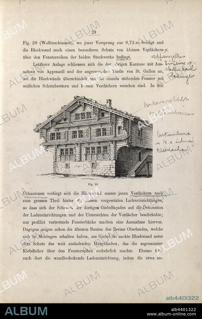 Log cabin from Nidwalden, Typical wooden house from Central Switzerland, Fig. 20, p. 29, 1885, Ernst Gladbach: Die Holz-Architectur der Schweiz, 2. Aufl. Zürich & Leipzig: Orell Füssli, 1885.