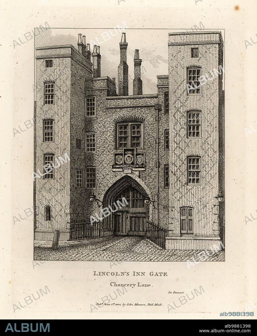 Lincolns Inn Gate, Chancery Lane, London. One of the four Inns of Court in London built in the 15th century. Copperplate engraving by John Thomas Smith after original drawings by members of the Society of Antiquaries from his J.T. Smiths Antiquities of London and its Environs, J. Sewell, R. Folder, J. Simco, London, 1800.