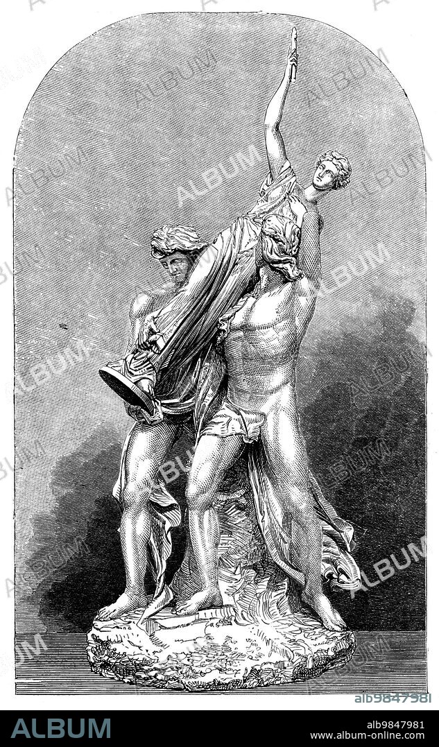 Prize Sculpture by Mr. Adams - "Orestes and Pylades carrying away the Statue of Diana from Taurica Chersonesus, 1858. '. The tradition which forms the subject of Mr. Adams's sculpture is thus given by Euripides: "Orestes, after the murder of his mother, consulted the oracle of Apollo at Delphi, where he was informed that nothing could deliver him from the persecutions of the Furies if he did not bring into Greece Diana's statue, which was in the Taurica Chersonesus, and which, as it is reported by some, had fallen down from heaven'. From "Illustrated London News", 1858.