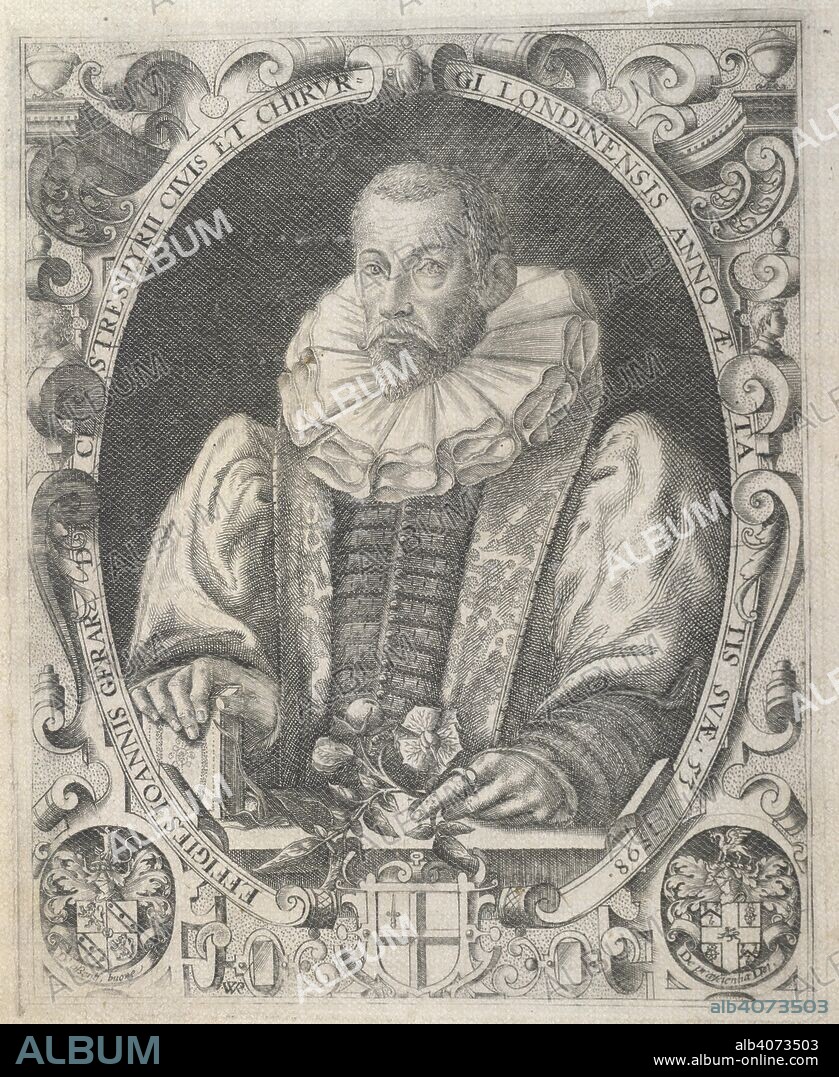 John Gerard (1545-1612). English herbalist. Portrait. The herball or Generall historie of plantes. London: John Norton, 1597. Source: 449.k.4, B6v. Language: English.