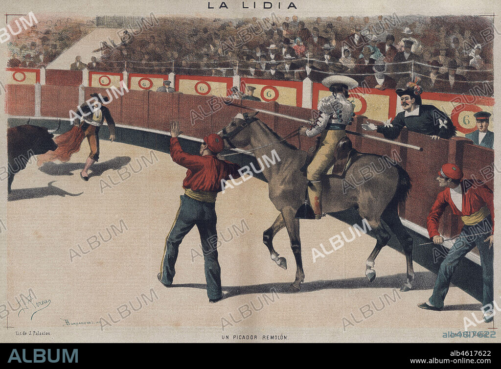 DANIEL PEREA Y ROJAS. La lidia. Un picador remolón. El alguacil llamando la atención al picador para que ejecute su suerte. Año 1886.