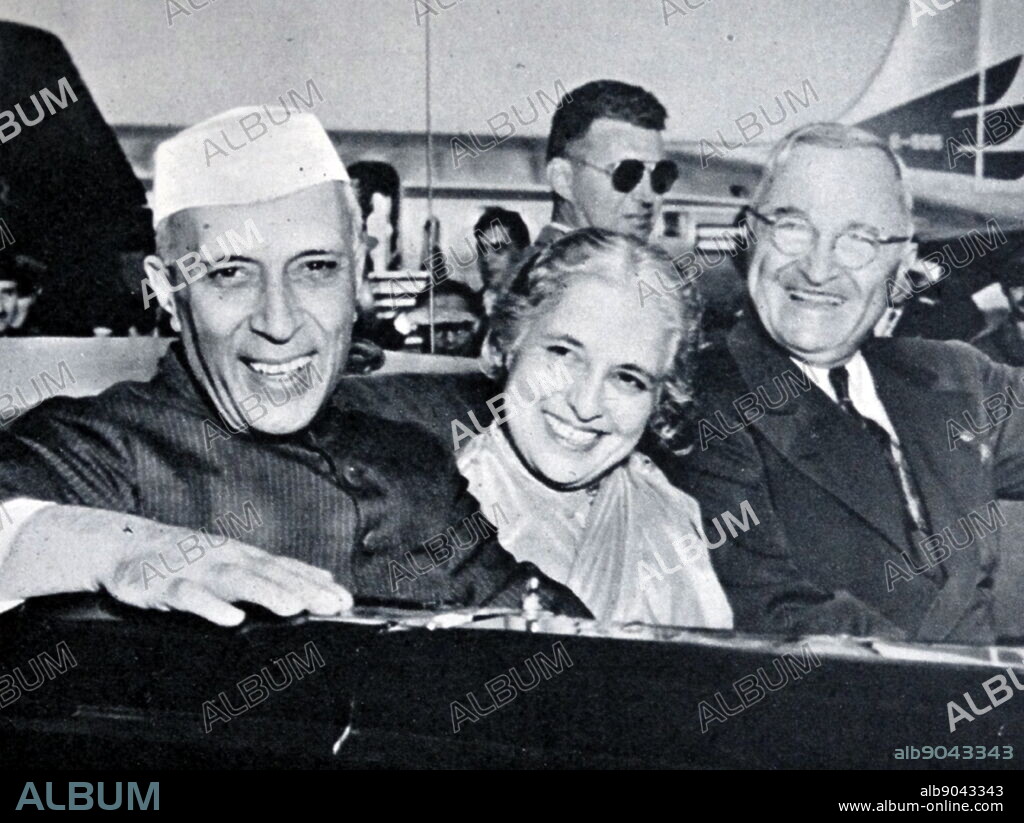 Indian prime minister Jawaharlal Nehru with his sister, and President Truman in Washington. Jawaharlal Nehru (14 November 1889 - 27 May 1964) was an Indian anti-colonial nationalist, secular humanist, social democrat, and author. Nehru was a principal leader of the Indian nationalist movement in the 1930s and 1940s. Upon India's independence in 1947, he served as the country's prime minister for 17 years. Harry S. Truman (May 8, 1884 - December 26, 1972) was the 33rd president of the United States, serving from 1945 to 1953. A lifetime member of the Democratic Party, he previously served as a US Senator from the State of Missouri.