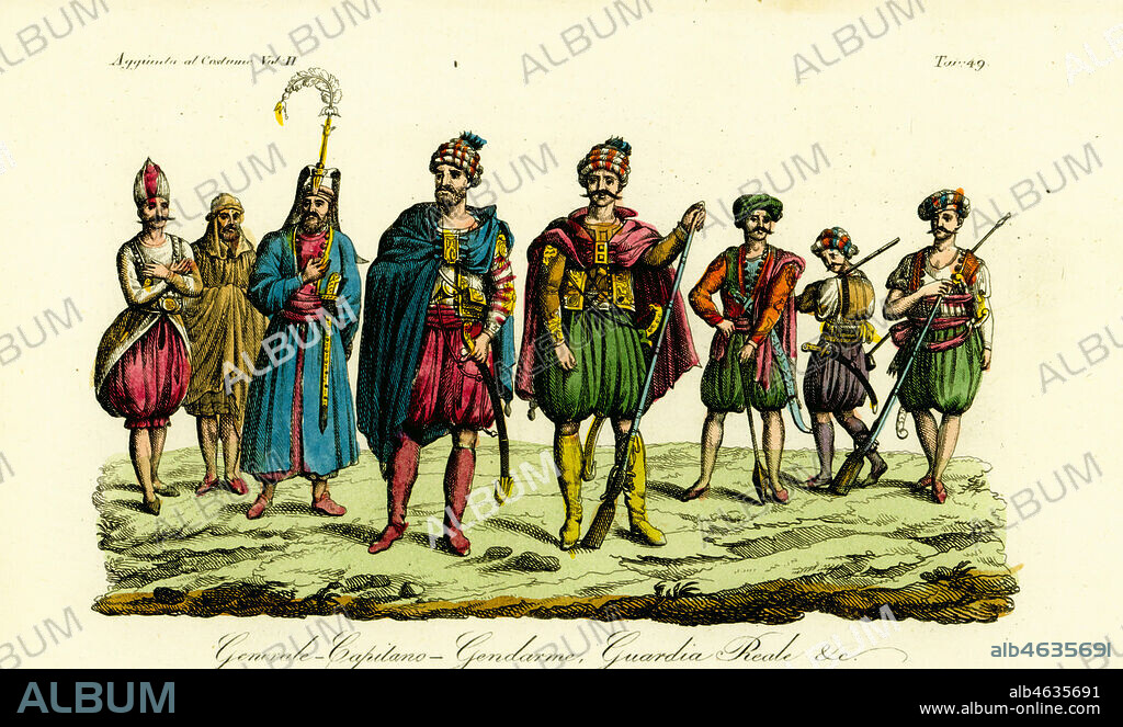 Costumes of Berber soldiers, Tunis, 1828. Captain or Basoda 1, Mamluk general 2, policeman or Amba 3, royal guard or Satar 4, two Levantine soldiers 5, and bodyguard Drido 6. Handcoloured copperplate engraving after Rinaldo Nanini Faentino from Giulio Ferrario's Costumes Ancient and Modern of the Peoples of the World, Florence, 1834.