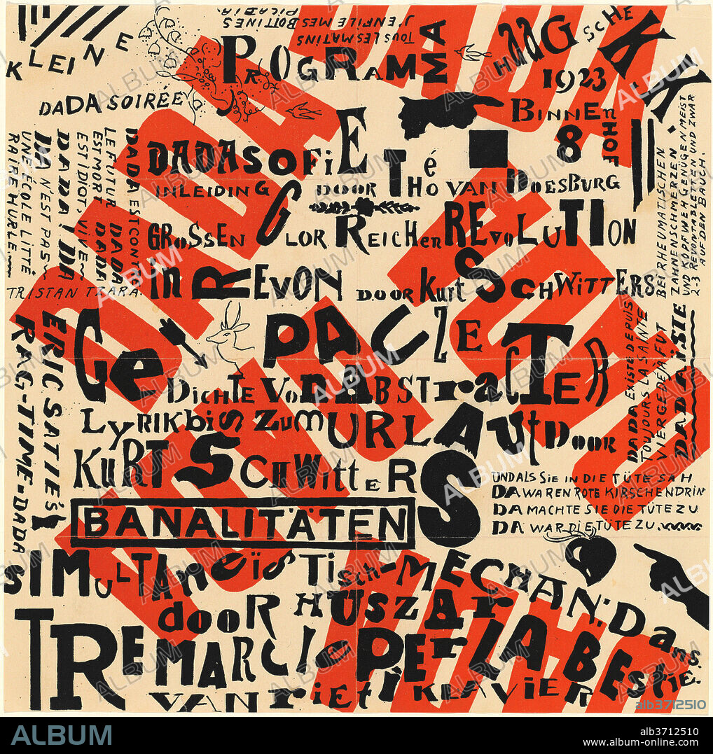 THEO VAN DOESBURG AND KURT SCHWITTERS. Kleine Dada Soirée (Small Dada Evening). Dated: 1922. Dimensions: sheet: 30.16 x 30.16 cm (11 7/8 x 11 7/8 in.). Medium: lithographic poster/program, printed in red and black on wove paper.