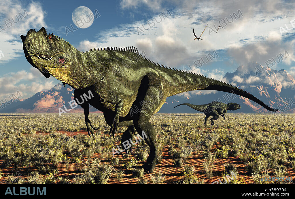 A pair of carnivorous Yangchuanosaurus dinosaurs during the Jurassic Period, in what is modern day China.