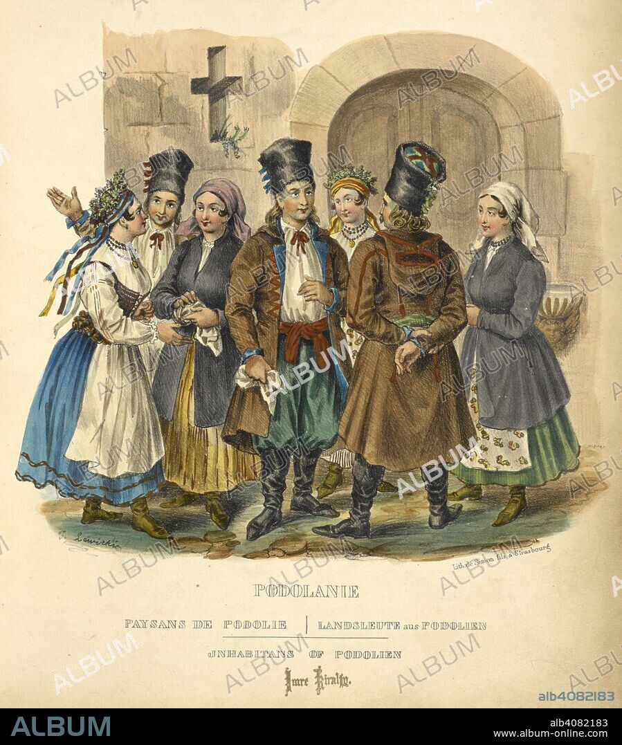 LEON ZIENKOWICZ and J LEWICKI. Inhabitants of Podolien (Podolia). People gathered outside a place of worship. Les Costumes du peuple polonais, suivis d'une description exacte de ses mÅ“urs, de ses usages et de ses habitudes: Ouvrage pittoresque. Paris, 1841. Source: 7744.dd.5 plate 25 opposite page 70.