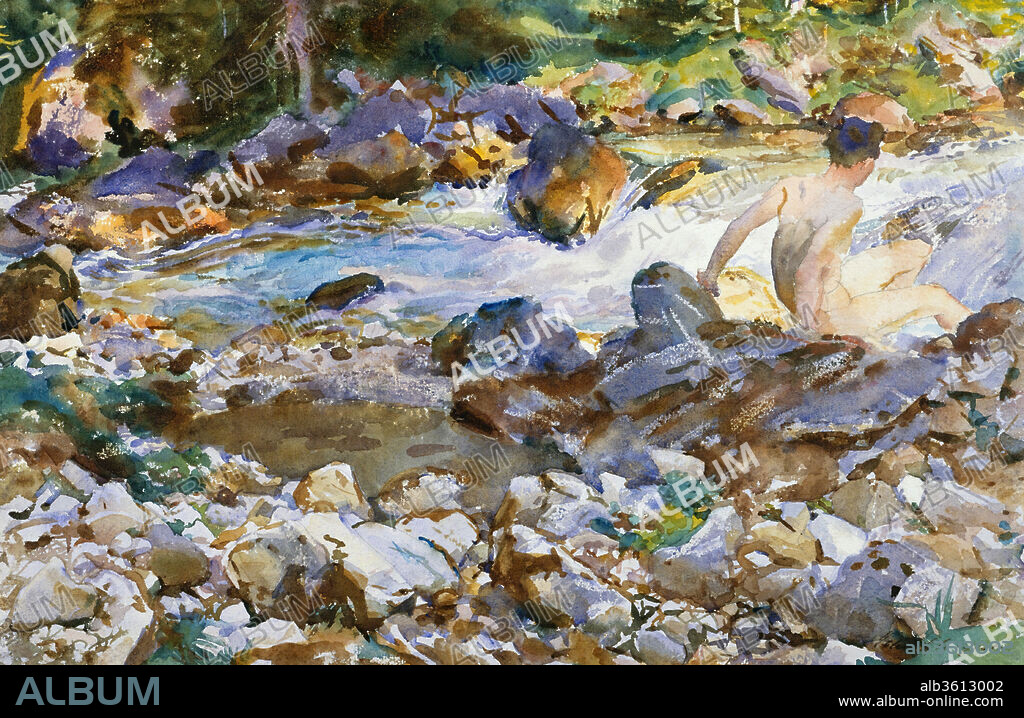 Mountain Stream. Artist: John Singer Sargent (American, Florence 1856-1925 London). Dimensions: 13 11/16 x 21 in. (34.8 x 53.3 cm)
Mat: 22 × 28 in. (55.9 × 71.1 cm)
Framed (standard exhibition frame): 24 1/2 × 30 1/2 × 1 1/8 in. (62.2 × 77.5 × 2.9 cm). Date: ca. 1912-14.
"Mountain Stream" is one of Sargent's most dazzling images based on the theme of flowing water. This exhibition watercolor, which the artist sold to the Metropolitan, differs from his many anonymous views of streams in its inclusion of a bather, which suggests a specific time and place.  However, its precise setting cannot be identified; in the early 1910s, when this watercolor was probably made, Sargent painted in the Alps of France, Italy and Austria.