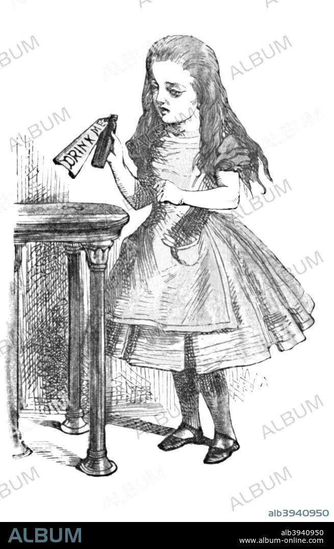 'Alice looking at the bottle with the sign 'drink me''', 1889. Lewis Carroll's (1832-1898) 'Alice in Wonderland' as illustrated by John Tenniel (1820-1914). From Alice's Adventures in Wonderland by Lewis Carroll. [Macmillan & Co., New York, 1889].