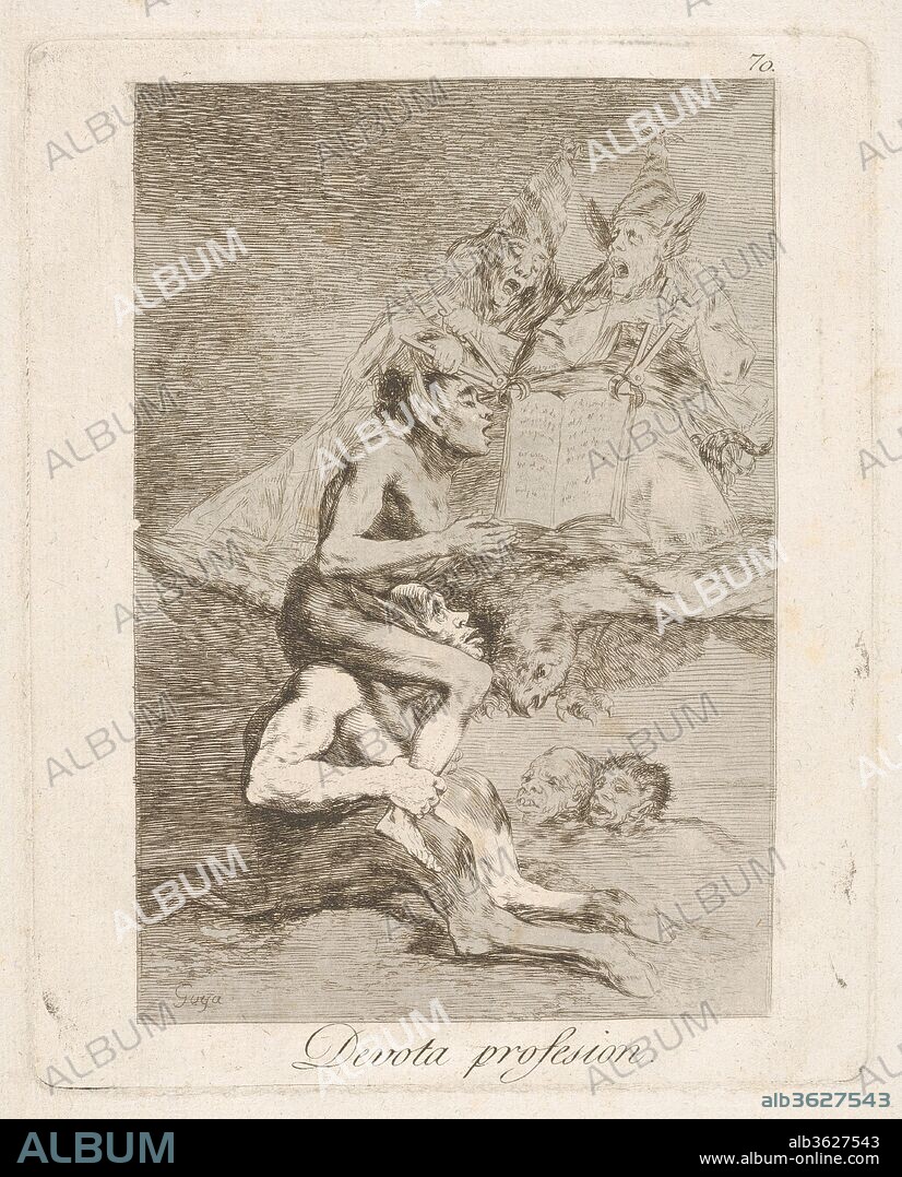 Plate 70 from 'Los Caprichos': Devout Profession (Devota profesion.). Artist: Goya (Francisco de Goya y Lucientes) (Spanish, Fuendetodos 1746-1828 Bordeaux). Dimensions: Sheet: 12 9/16 x 8 9/16 in. (31.9 x 21.8 cm)
Plate: 8 1/8 x 6 1/2 in. (20.6 x 16.5 cm). Series/Portfolio: Los Caprichos. Date: 1799.