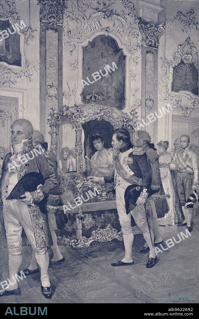 'Napoleon and the Empress of Austria at Dresden', 1812, (1896). Napoleon Bonaparte (1769-1821) and his second wife Marie Louise (1791-1847) in Dresden, Germany. Engraving after the aquarelle by F De Myrbach. From Life of Napoleon Bonaparte, Volume III, by William Milligan Sloane. [The Century Co., New York, 1896].