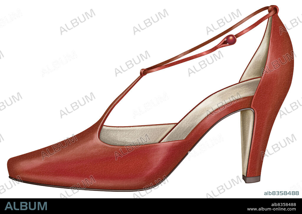 Heeled shoe derived from the one-bar shoe; the vamp turns into a strap that extends over the instep and ends in a bar.
