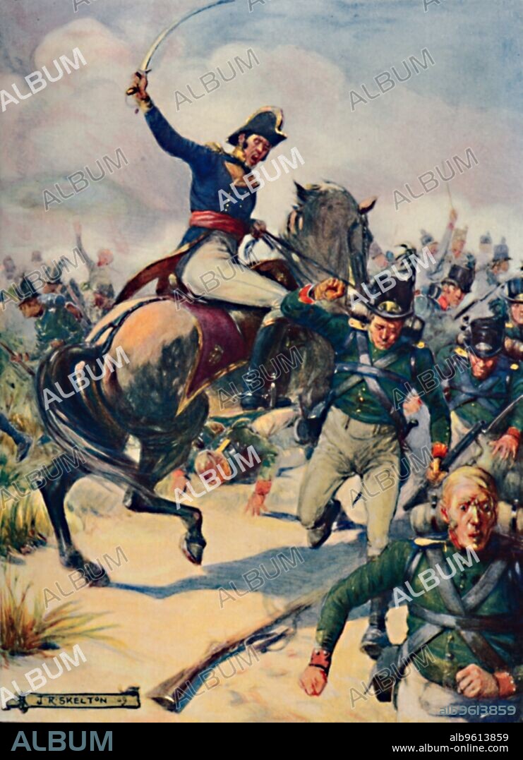 JOSEPH RATCLIFFE SKELTON. 'General Janssens at the Battle of Blaauwberg', 1909. The Battle of Blaauwberg, also known as the Battle of Cape Town, was fought near Cape Town on 8th January 1806. Jan Willem Janssens (1762-1838) was a Dutch soldier and statesman who served both as the governor of the Cape Colony and governor-general of the Dutch East Indies. From Romance of Empire - South Africa by Ian D. Colwin. [T. C. & E. C. Jack , London, 1909].