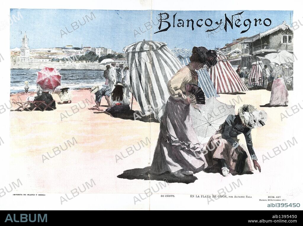 VENTURA ÁLVAREZ-SALA VIGIL. Escena de playa en Gijón (Asturias). Mujeres sobre la arena, casetas y bañistas. Dibujo de la revista Blanco y Negro. Año 1899.