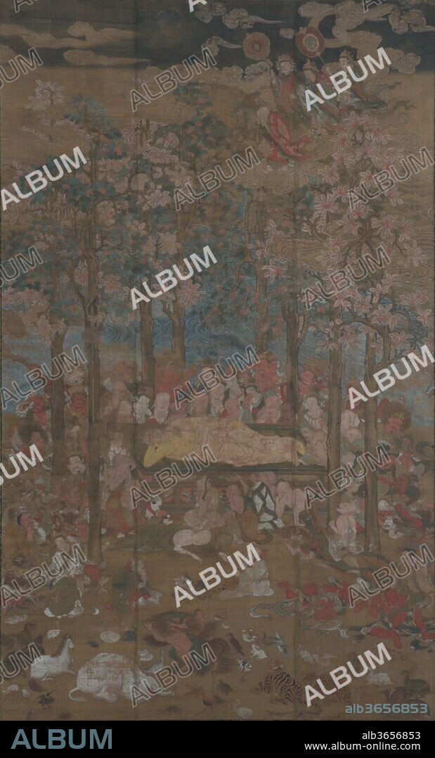 Death of the Historical Buddha (Nehan-zu). Culture: Japan. Dimensions: Image: 74 x 43 5/16 in. (188 x 110 cm)
Overall with mounting: 114 1/2 × 56 in. (290.8 × 142.2 cm)
Overall with knobs: 114 1/2 x 59 1/2 in. (290.8 x 151.1 cm). Date: 15th century.
The story of the Buddha's death and final achievement of enlightenment is filled with both lingering sadness and joy. Having reached old age, he had his young disciple Ananda prepare a place for him between twin sala trees in the grove in Kushinagara. He then lay down on his right side with his head facing north, and his followers, along with a variety of supernatural beings, birds, beasts, and even his mother (descending from heaven at the upper right), gathered around him. They all grieved: "The light of the world is now put out." Even the plant kingdom was affected--the sala trees bloomed out of season and the forest was strangely silent. The Buddha addressed his followers: 
Grieve not! The time is one for joy; no call for sorrow or for anguish here. No more shall I receive a body, all future sorrow now, forever, done away; it is not meant for you, on my account, forevermore, to encourage any anxious fear (Buddhacharita 1948-67).
And then he peacefully passed into nirvana.
In Japanese temples, the death of the Buddha (Nehan; Parinirvana in Sanskrit) is marked annually, in the middle of the second lunar month, with special rites and the hanging of large, tableau-like paintings, such as this fifteenth-century example. Here, Buddha's divine nature is represented by his large size relative to that of his attendants. The vivid portrayal of grief-stricken animals is unique to Japanese paintings of this event and reflects a particular sensitivity to nature's all-encompassing quality.