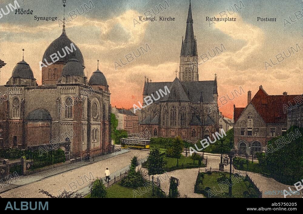 Dortmund-Hörde (Nordrhein-Westfalen), Rathausplatz. "Hörde (...) " (Rathausplatz mit Synagoge, Evangelischer Kirche und Postamt). Bildpostkarte (Photochrom), undat. (um 1905).