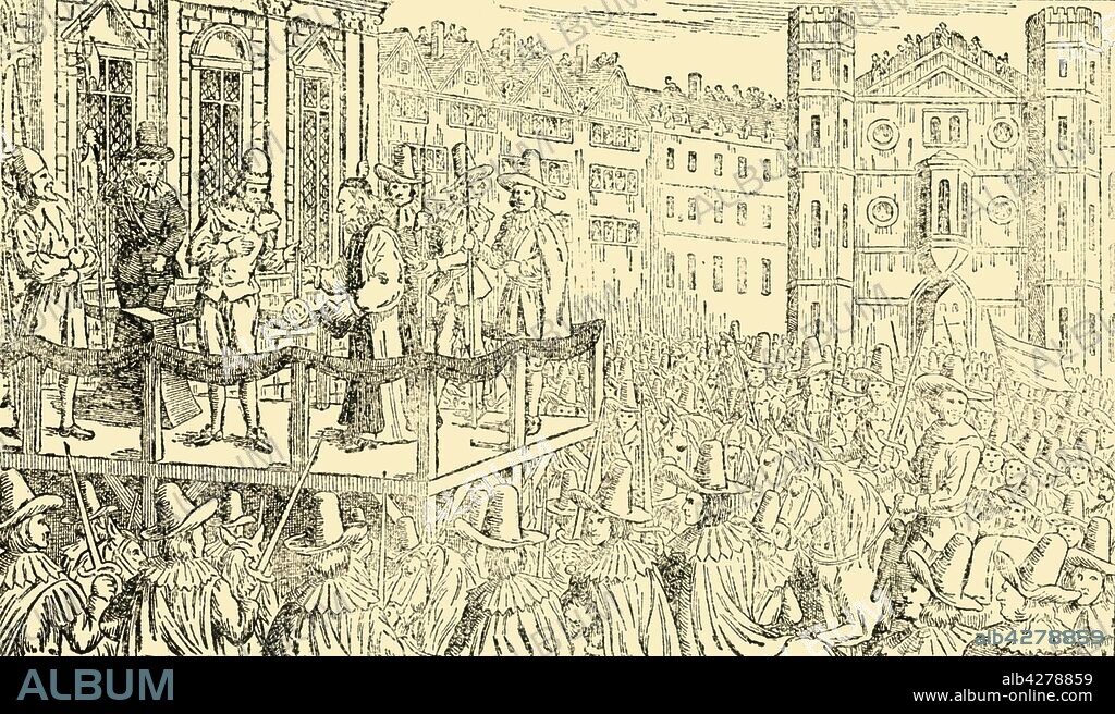 'The Execution of Charles I. in Whitehall, 30th January 1649', c1930. Charles (1600-1649) was King of England, Scotland, and Ireland from 27 March 1625 until his execution by beheading in 1649. He was tried, convicted and executed for high treason outside the Banqueting House in Westminster, London. On the right is the Holbein Gate, entrance to the Palace of Whitehall. 'From an engraving published in 1649'. From "The World's Story, a Simple History for Boys and Girls", by Elizabeth O'Neill. [T. C. & E. C. Jack, London & Edinburgh, c1930].