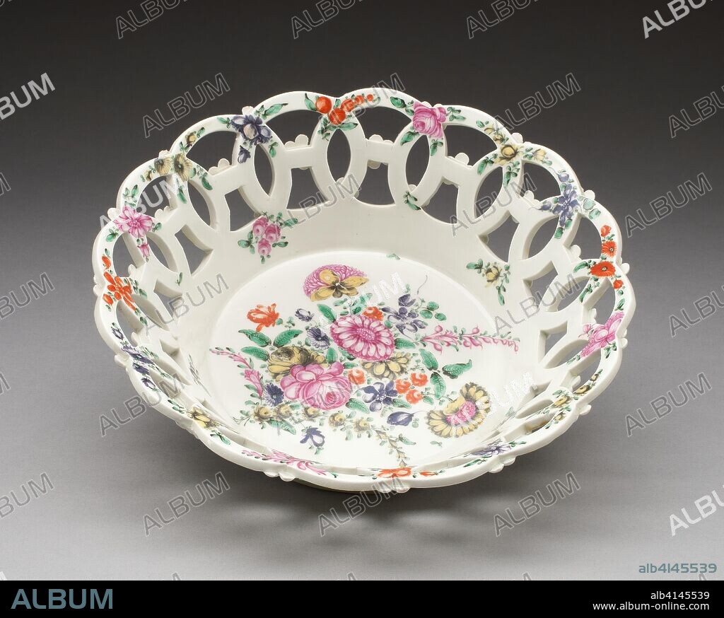 WORCESTER ROYAL PORCELAIN COMPANY. Basket. Worcester Porcelain Factory; Worcester, England, founded 1751. Date: 1765-1775. Dimensions: H. 7.6 cm (3 in.); diam. 26.7 cm (10 1/2 in.). Soft-paste porcelain with polychrome enamels. Origin: Worcester.