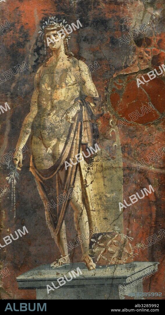 Fresco romano. Estatua de Apolo, junto al ónfalo, la piedra cubierta por una red que marcaba el centro del universo. Siglo I a. C. Museo Arqueológico Nacional. Nápoles. Italia.