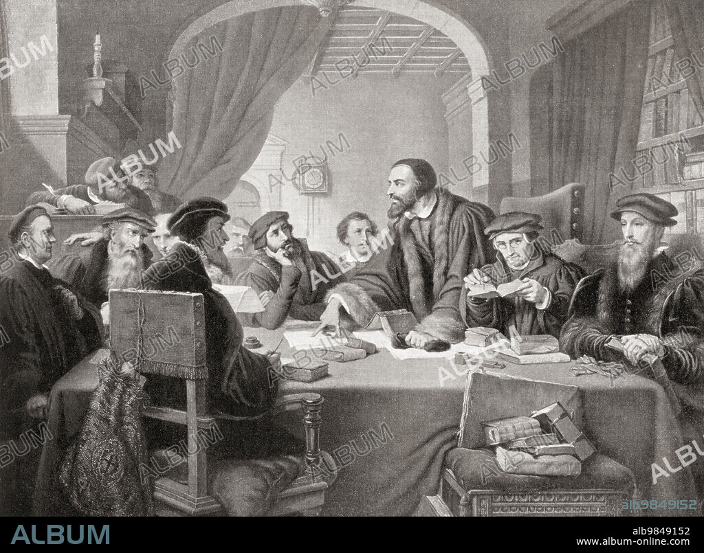 Calvin at a council in Geneva in 1594. John Calvin, 1509 Ã¢â‚¬â€œ 1564. Influential French theologian, pastor and reformer during the Protestant Reformation. From Hutchinson's History of the Nations, published 1915.