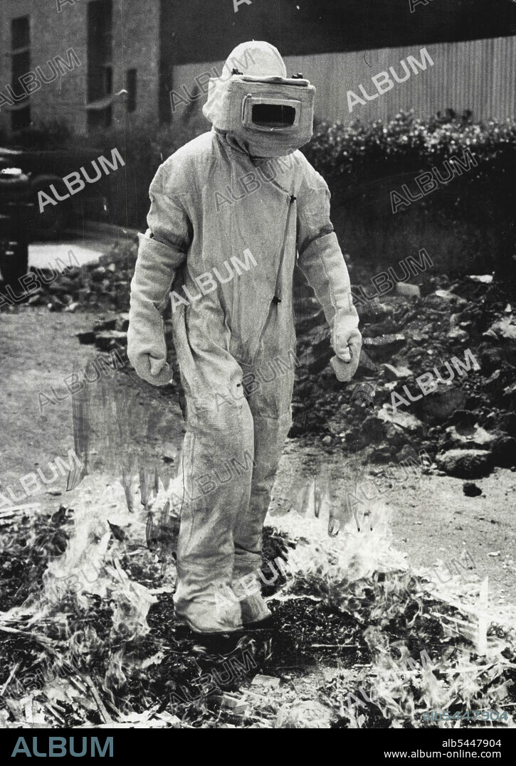 A fireman clad in a suit of asbestos, walking through flames during a Fire Brigade demonstration in Brisbane. October 23, 1942.