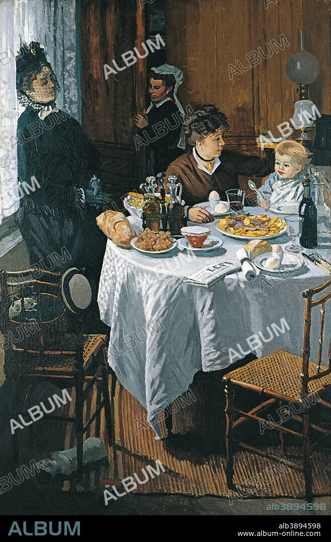 CLAUDE MONET. The Luncheon. Date/Period: 1868. Painting. Oil on canvas. Width: 151 cm. Height: 231.5 cm (Complete).