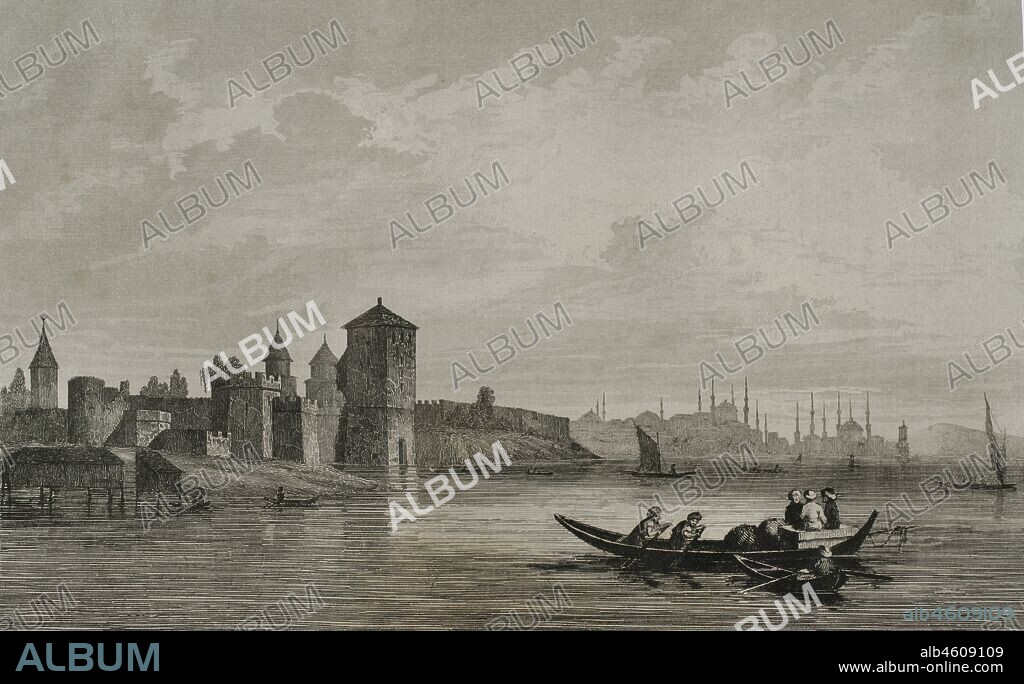 Imperio Otomano. Turquía. Constantinopla (actual Estambul). Castillo de las Siete Torres (Fortaleza de Yedikule). Grabado por Lemaitre y J. Arnout. Historia de Turquía, por Joseph Marie Jouannin (1783-1844) y Jules van Gaver. Panorama Universal, edición española de 1840.
