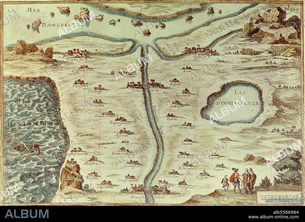 ANONYM. Scudery, Madeleine de; frz. Schriftstellerin; 1607-1667. Werke: Clélie (Roman, 10 Bde, 1654-60). "Carte du tendre". Kupferstich, koloriert. Illustration zur Erstausgabe. Paris, Bibliothèque Nationale.
