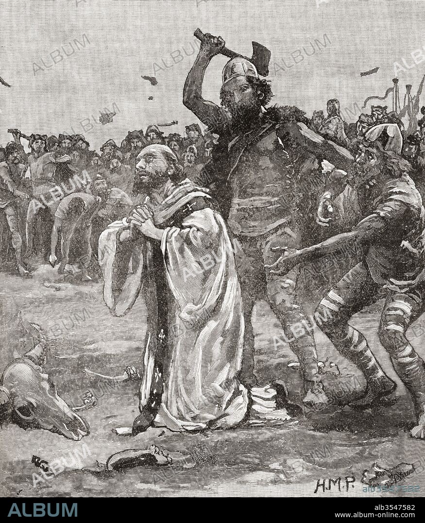 The martyrdom of Alphege by Viking raiders in 1012. Ælfheah, 954 -1012, aka Alphege, Elphege, Alfege, or Godwine. Anglo-Saxon Bishop of Winchester, later Archbishop of Canterbury. From Cassell's History of England, published c.1901.