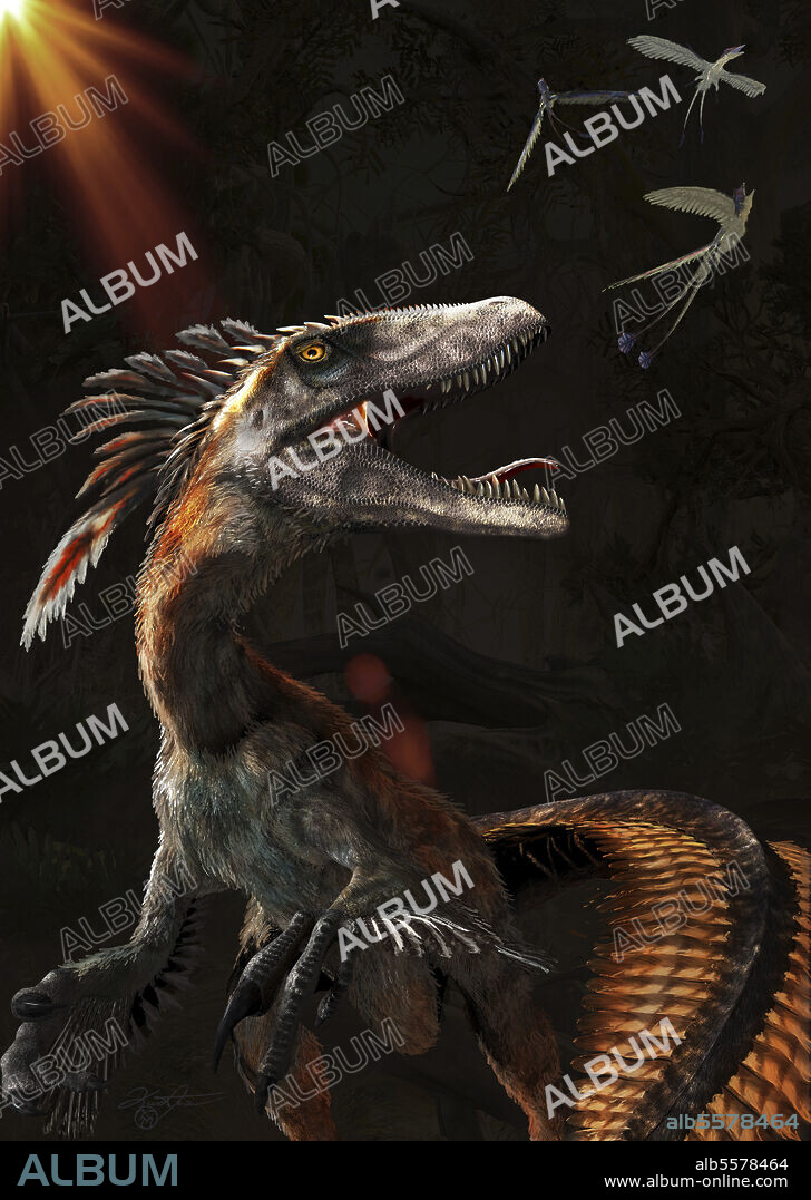 Deinonychus dinosaur chasing tiny feathered birds above.