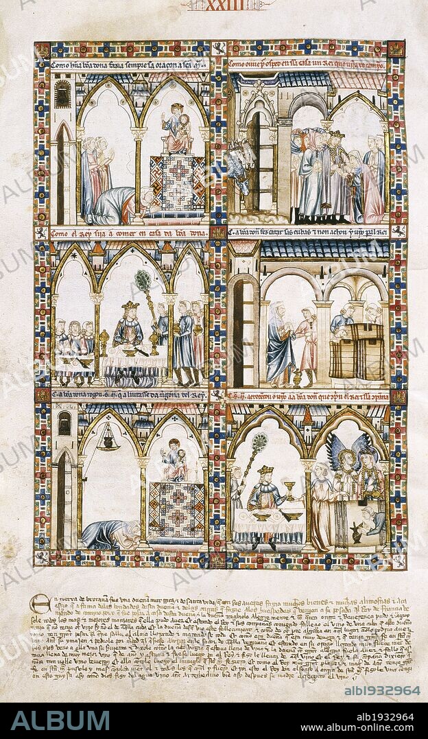 LITERATURA CASTELLANA. S. XIII. CANTIGAS DE SANTA MARIA, obra personal de Alfonso X "El Sabio" (Toledo,1221-Sevilla,1284). Colección de 430 poemas difundida en códices ilustrados con miniaturas y donde se consigna la melodía de cada composición. Biblioteca de El Escorial. Madrid. España. PATRIMONIO NACIONAL. Cantiga 23. F25v.