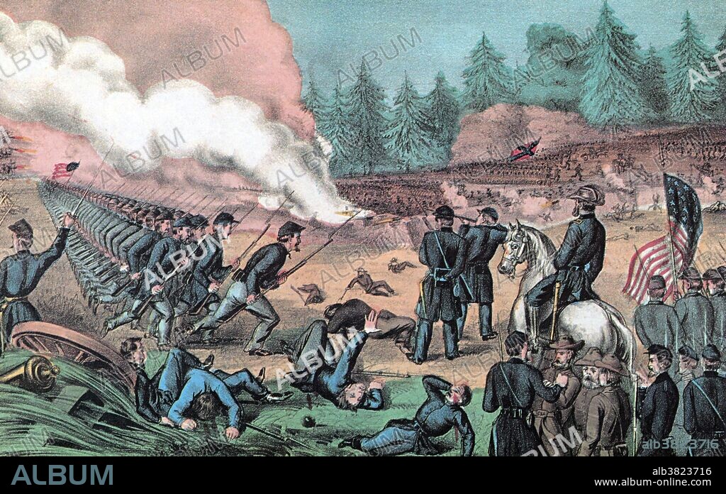 Lithograph entitled and captioned: "Battle of Cold Harbor, Virginia, June 1st, 1864. The Army of the Potomac advancing towards Richmond encountered the enemy entrenched at Coal Harbor, on June 1st about half past 5 AM. The order was given to charge the Rebel works, and the Union troops advanced under a heavy fire of grape and canister, driving the rebels before them and taking the position, which was firmly held in spite of the enemys (sic) desperate efforts to regain it." The Battle of Cold Harbor was fought from May 31 to June 12, 1864. It was one of the final battles of Union Lt. General Ulysses S. Grant's Overland Campaign and is remembered as one of American history's bloodiest, most lopsided battles. Thousands of Union soldiers were killed or wounded in a hopeless frontal assault against the fortified positions of Confederate General Robert E. Lee's army.