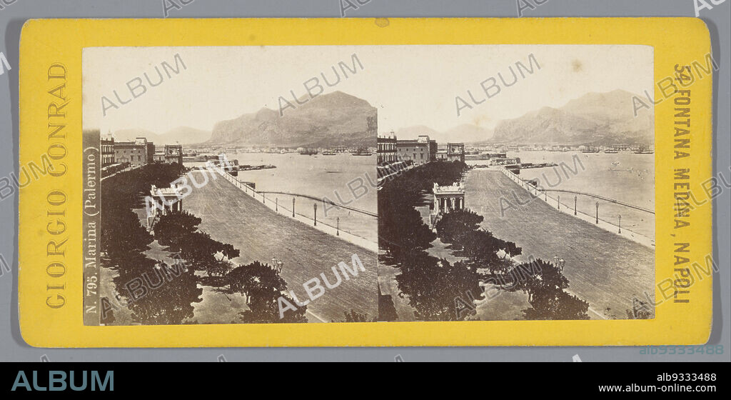 Foro Italico at Palermo, with Monte Pellegrino in the background, Marina (Palermo) (title on object), Giorgio Conrad (mentioned on object), Palermo, c. 1850 - c. 1870, cardboard, albumen print, height 85 mm × width 170 mm.