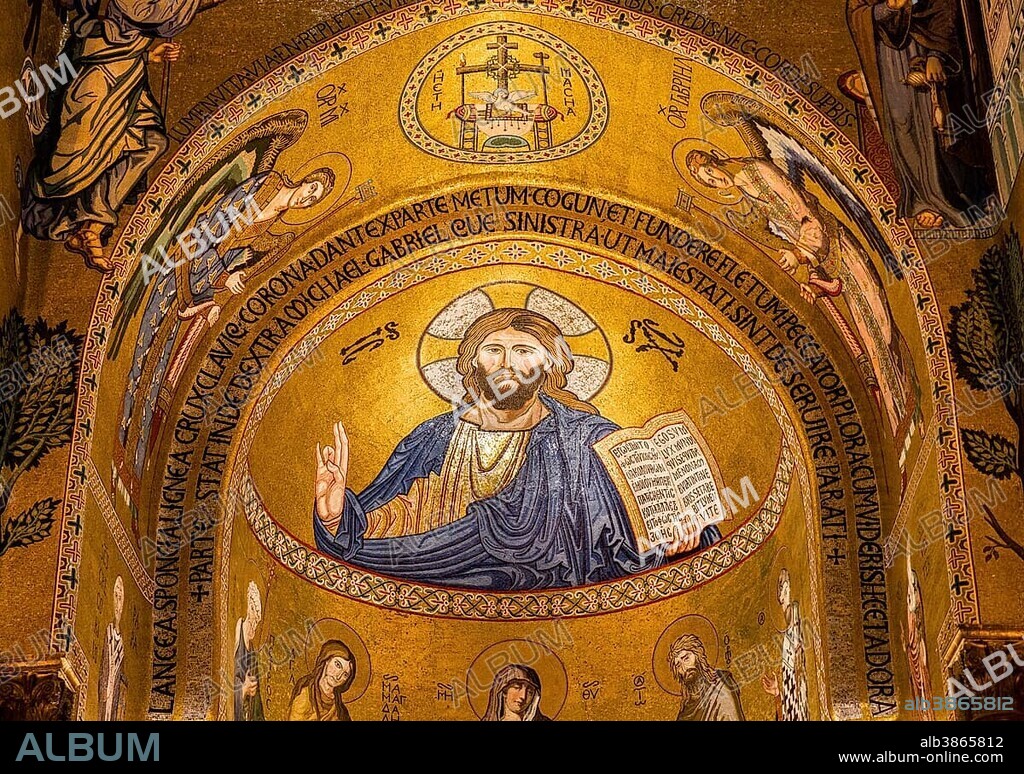 Byzantine mosaic of Christ Pantocrator in the apse  of Cappella Palatina, Palatine Chapel of the Palace of the Normans or Royal Palace of Palermo, Palermo, Sicily, Italy
