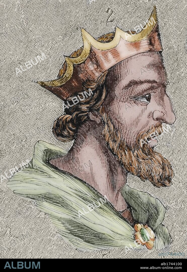SUINTILA. Rey visigodo (621 a 631). Tuvo bajo su poder toda la península, lo que ningún godo había logrado. Grabado coloreado.