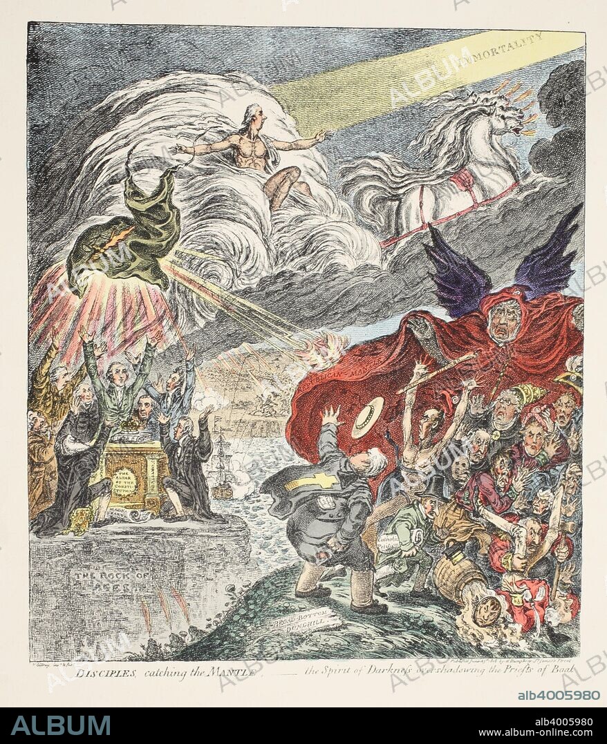 Disciples catching the mantle - the Spirit of Darkness overshadowing the Priests of Baal, pub. 1808 (hand coloured etching).