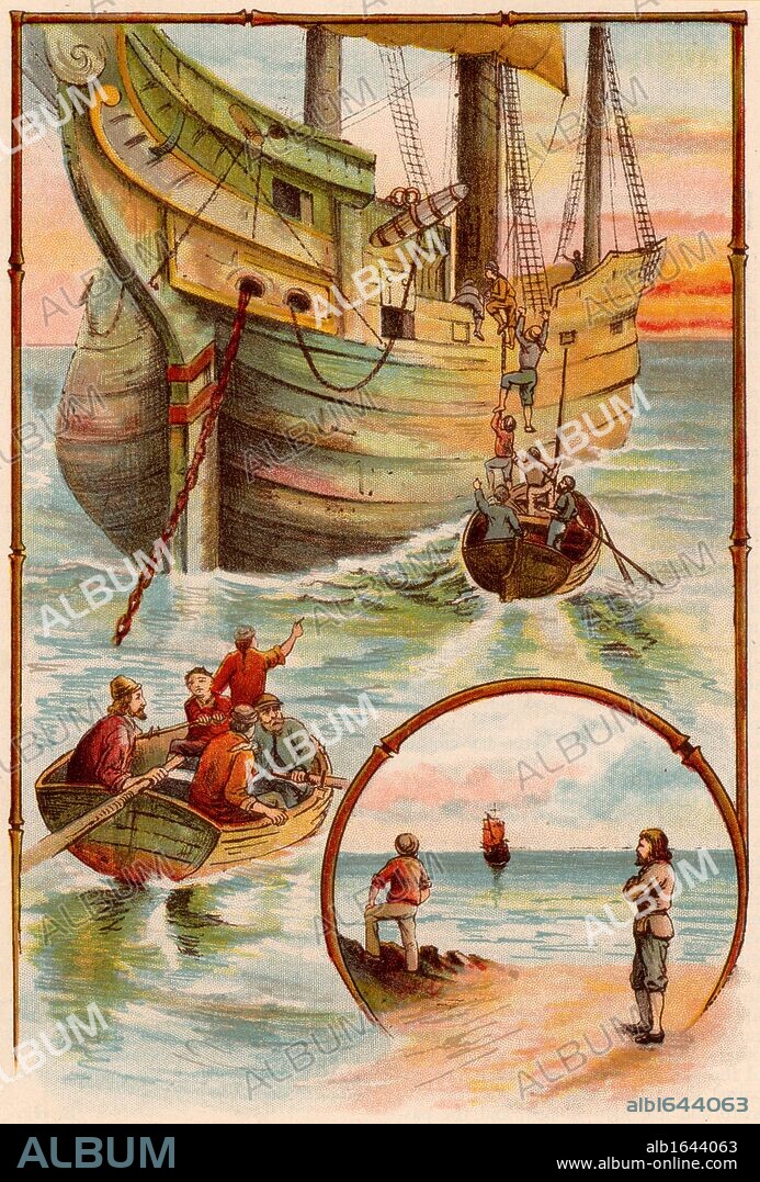 The Life and Strange Surprising Adventures of Robinson Crusoe by Daniel Defoe.  First published in 1719, it is claimed to be the first English novel.  Crusoe helping to recapture the English ship from the mutineers.  The mutineers are abandoned on the island while Crusoe and Friday and the loyal members of the crew set sail for England which Crusoe has not seen for 28 years. From "Bubbles" c1900 published by Dr Barnados Homes for Children. Oleograph.  (Photo by: Universal History Archive/UIG via Getty Images).
