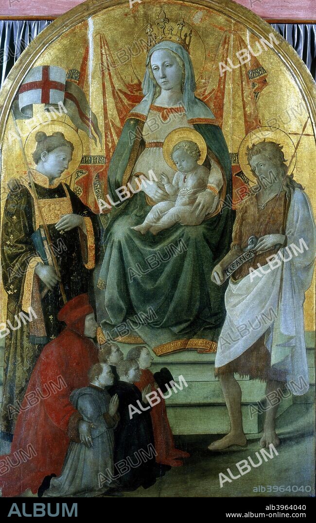 'Madonna del Ceppo' ('Madonna of the Stocks'), 1453. The Madonna enthroned, holding Jesus, is flanked by St John the Baptist (right) and another saint. Kneeling is the Prato merchant, Francesco di Marco Datini, presenting the four Buonomini, the superintendents of the 'Ceppo' (Charity). From the Civic Museum, Prato, Italy.
