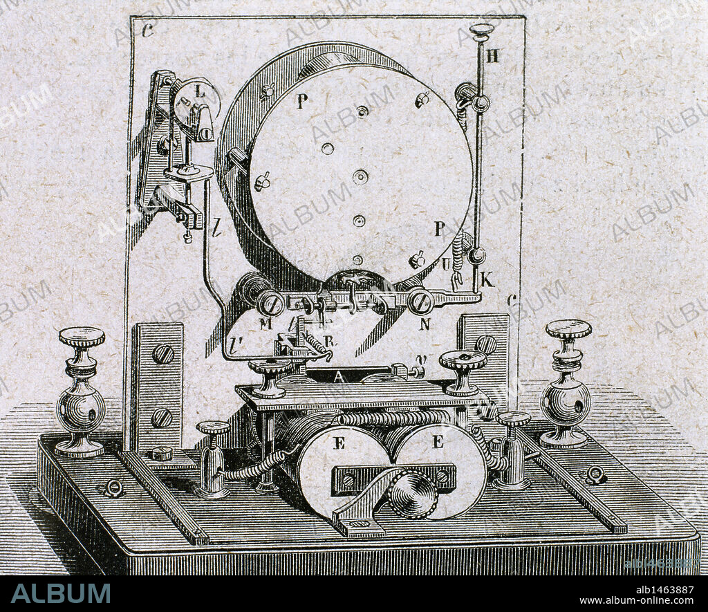 Parte posterior del RECEPTOR DEL TELEGRAFO ELECTRICO DE FOY Y BREGUET. S. XVIII-XIX (S. XVIII-S. XIX). Grabado S. XIX.