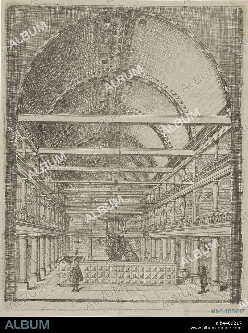 Interior of the Lutheran Church of Amsterdam, The interior of the Lutheran Church of Amsterdam overlooking the pulpit. The print has a Dutch poem as a caption, interior of church, Old Lutheran Church, Jan Goss, Amsterdam, 1657, paper, etching, w 235 mm × h 296 mm.