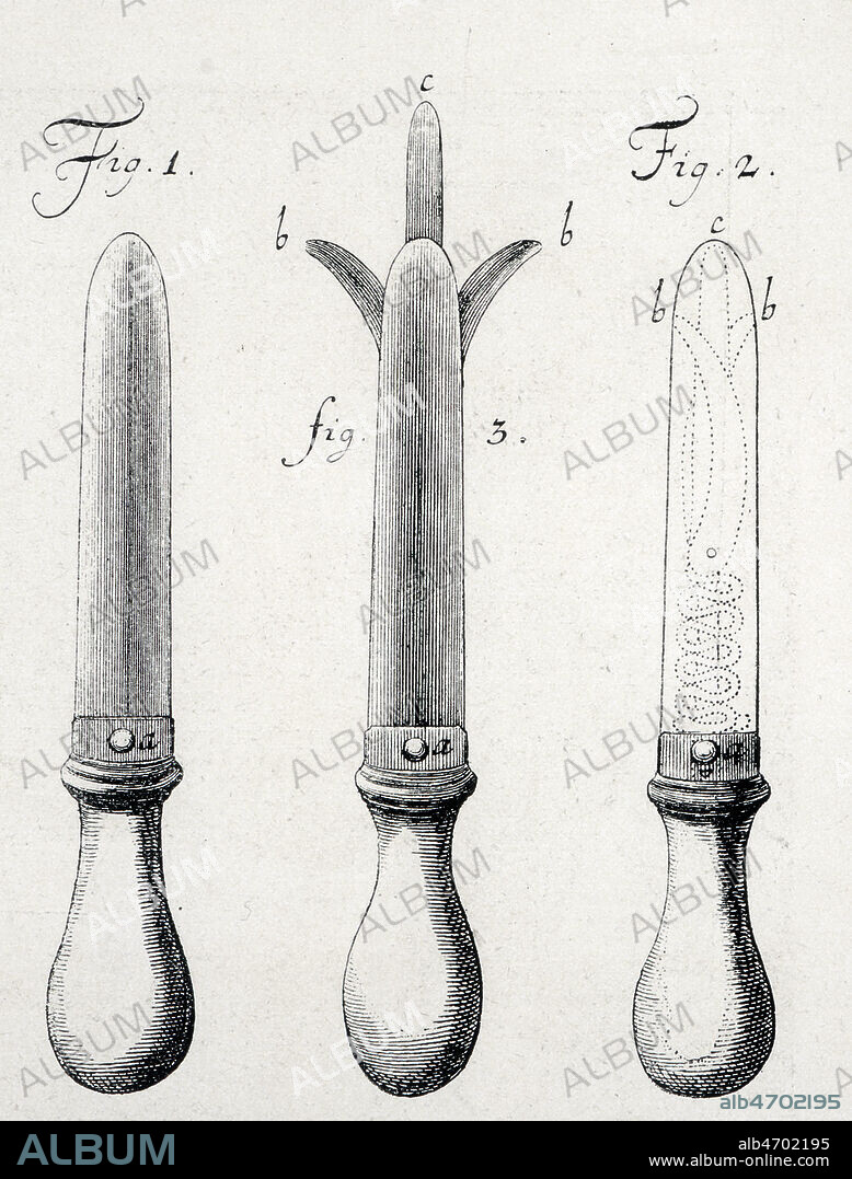 Couteau a systeme de Robert DAMIEN (1715-1757 ) qu'il utilisa contre LOUIS XV (1710-1774). Illustration anonyme du 18 s. Credit : Collection KHARBINE-TAPABOR.