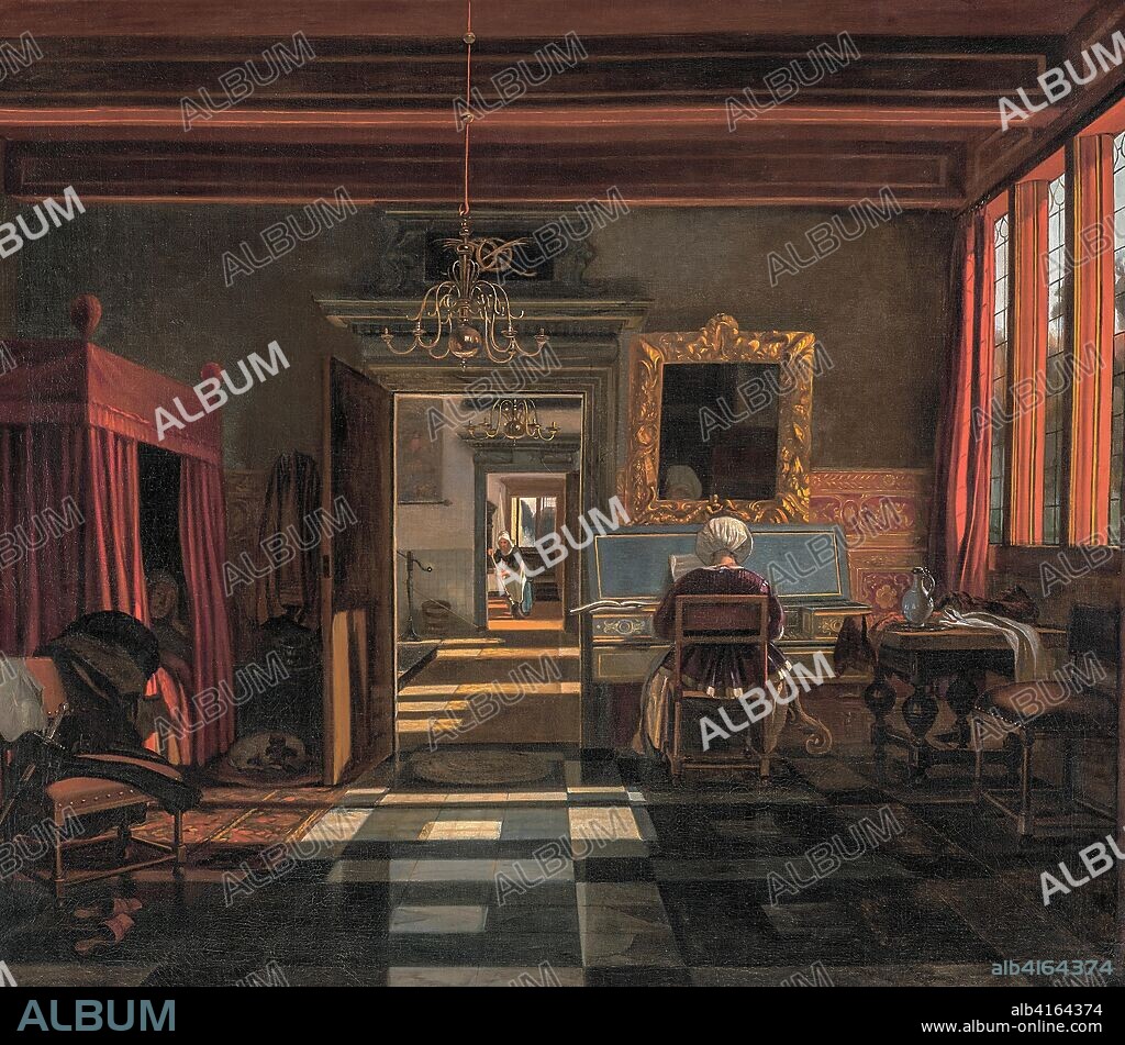 Interior with a woman at a virginal, and an officer listening in the bed on the left, by Emanuel de Witte, 1760s. oil on canvas. 77,5 x 104,5 cm.